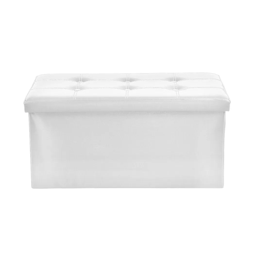 Folding Ottoman Storage Blanket Box Footstool Stool Cube Pouf Faux White Leather