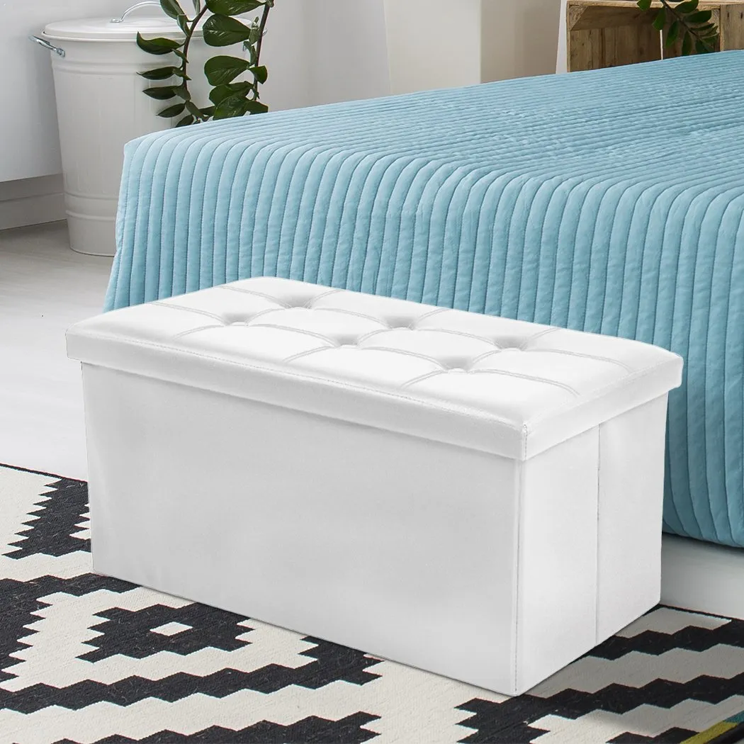 Folding Ottoman Storage Blanket Box Footstool Stool Cube Pouf Faux White Leather