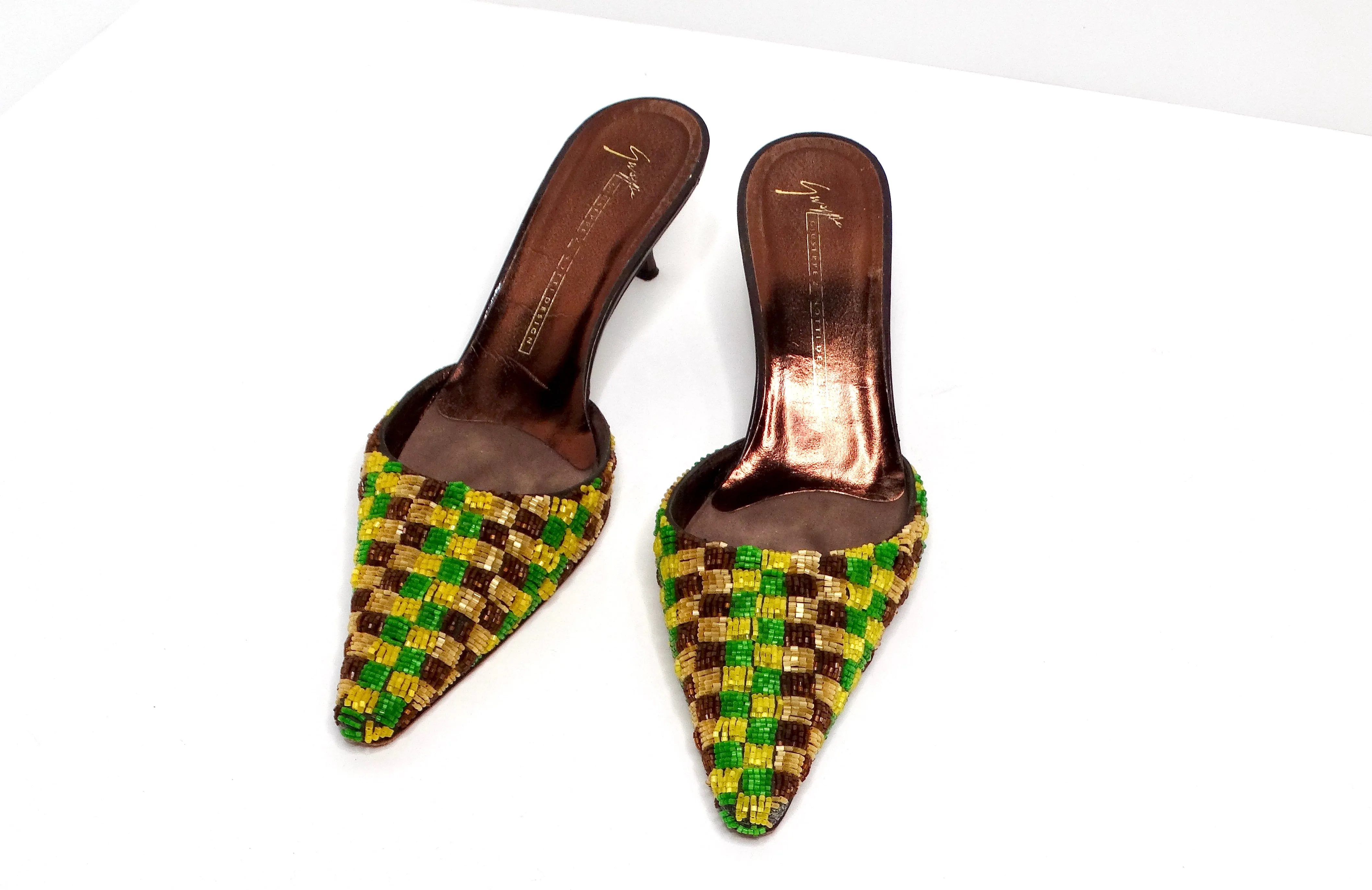 Giuseppe Zanotti Y2K Green & Yellow Beaded Checkered Kitten-Heel Mules
