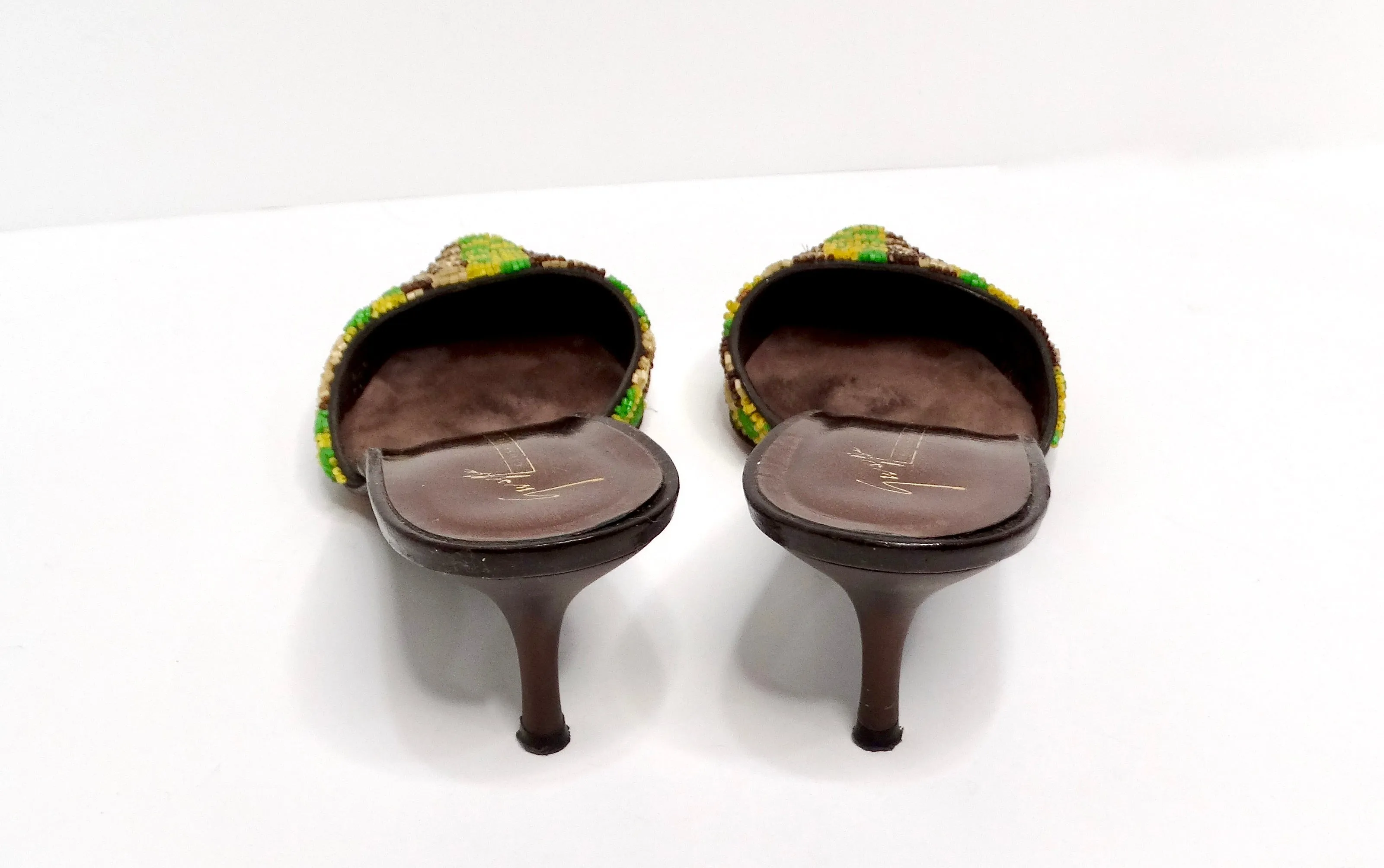 Giuseppe Zanotti Y2K Green & Yellow Beaded Checkered Kitten-Heel Mules