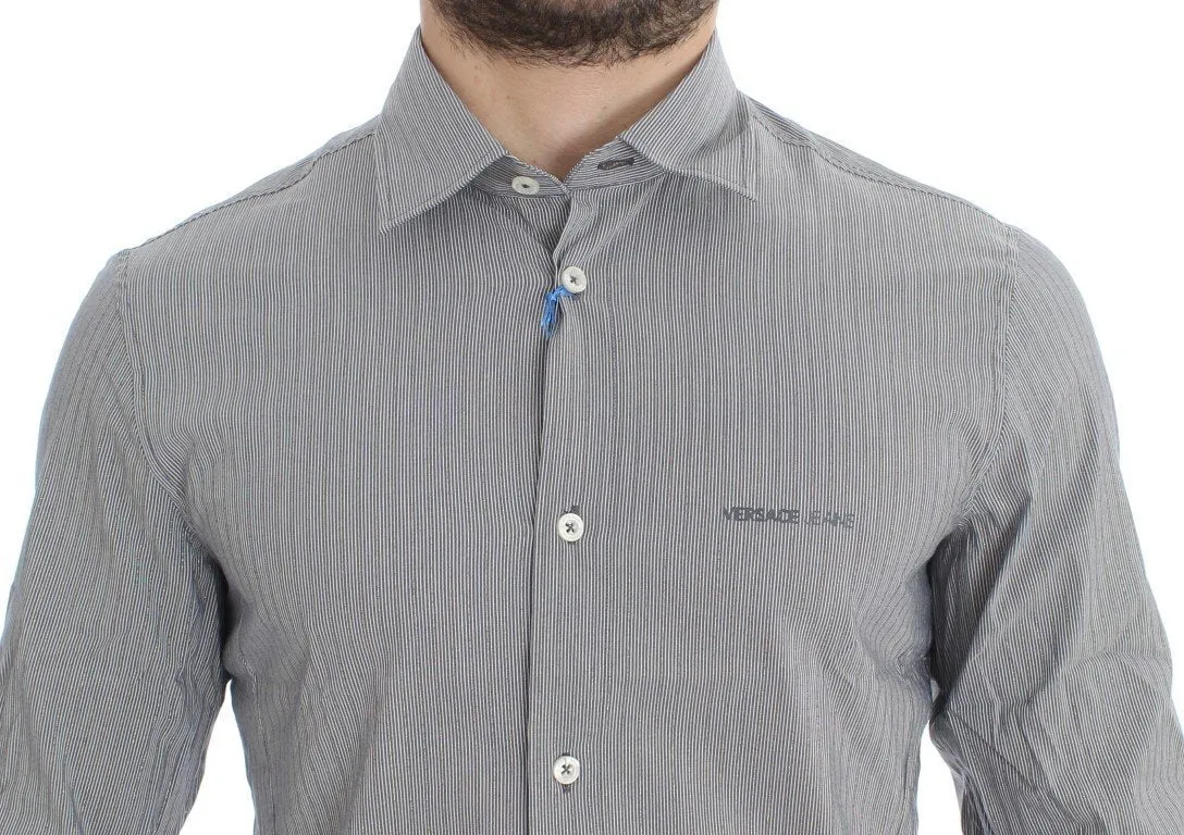Gray Striped Slim Fit Cotton Shirt