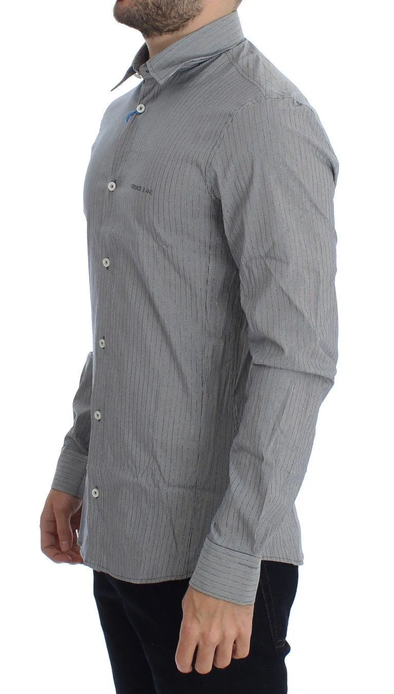 Gray Striped Slim Fit Cotton Shirt