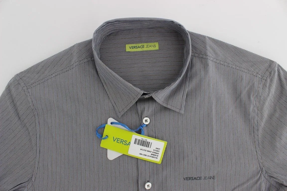 Gray Striped Slim Fit Cotton Shirt