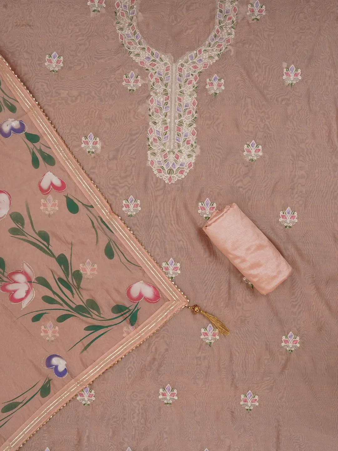 Handpainted Embroidered Pink Dress Material with Dupatta