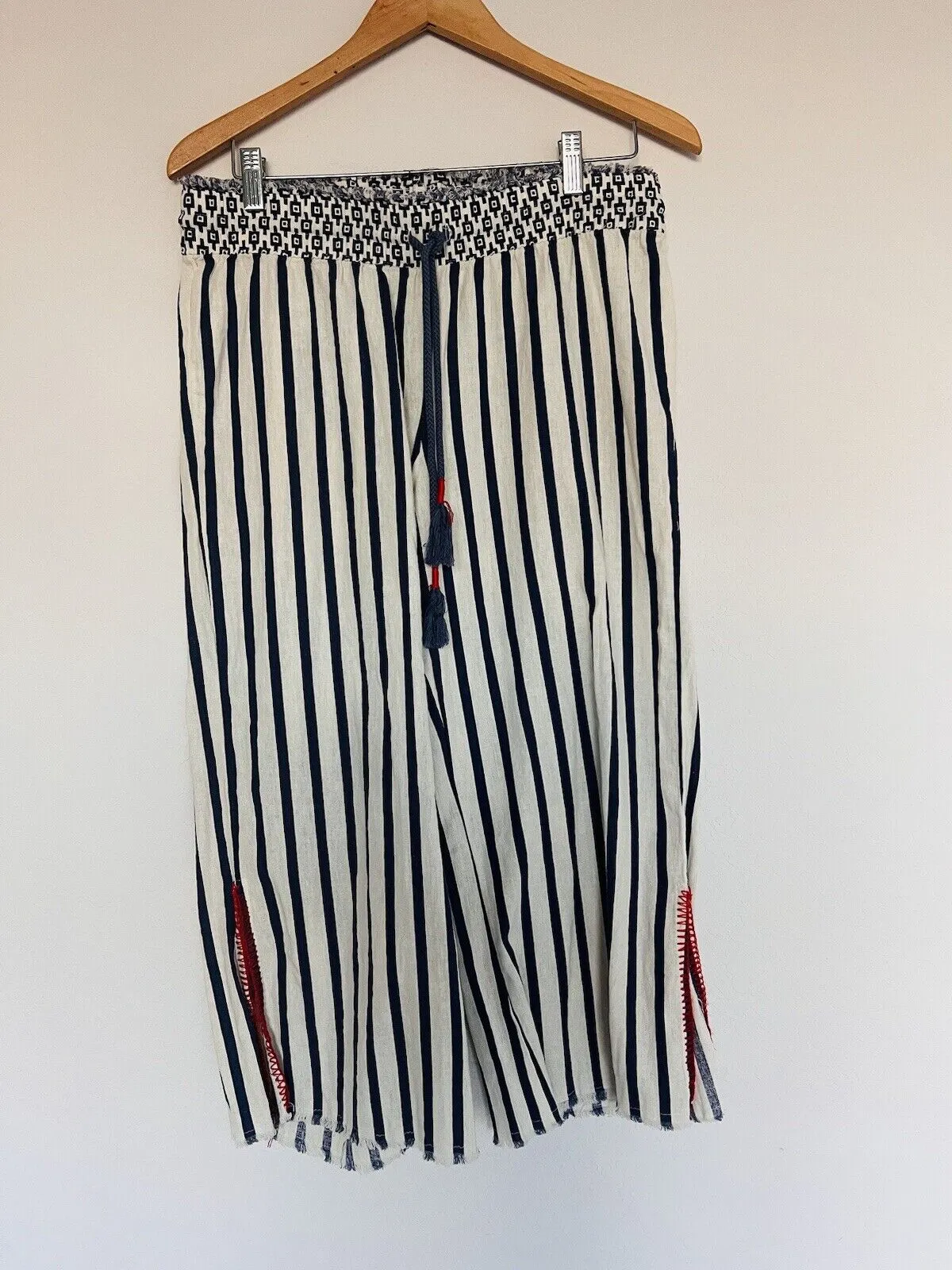 INDIGO REIN Capri Pull-up Pants Sz L Linen Wide Leg HiRise Hipster Striped Relax