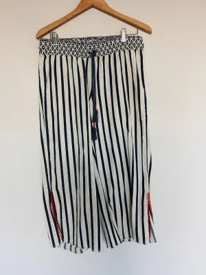 INDIGO REIN Capri Pull-up Pants Sz L Linen Wide Leg HiRise Hipster Striped Relax