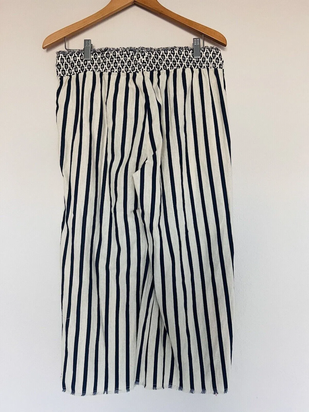 INDIGO REIN Capri Pull-up Pants Sz L Linen Wide Leg HiRise Hipster Striped Relax