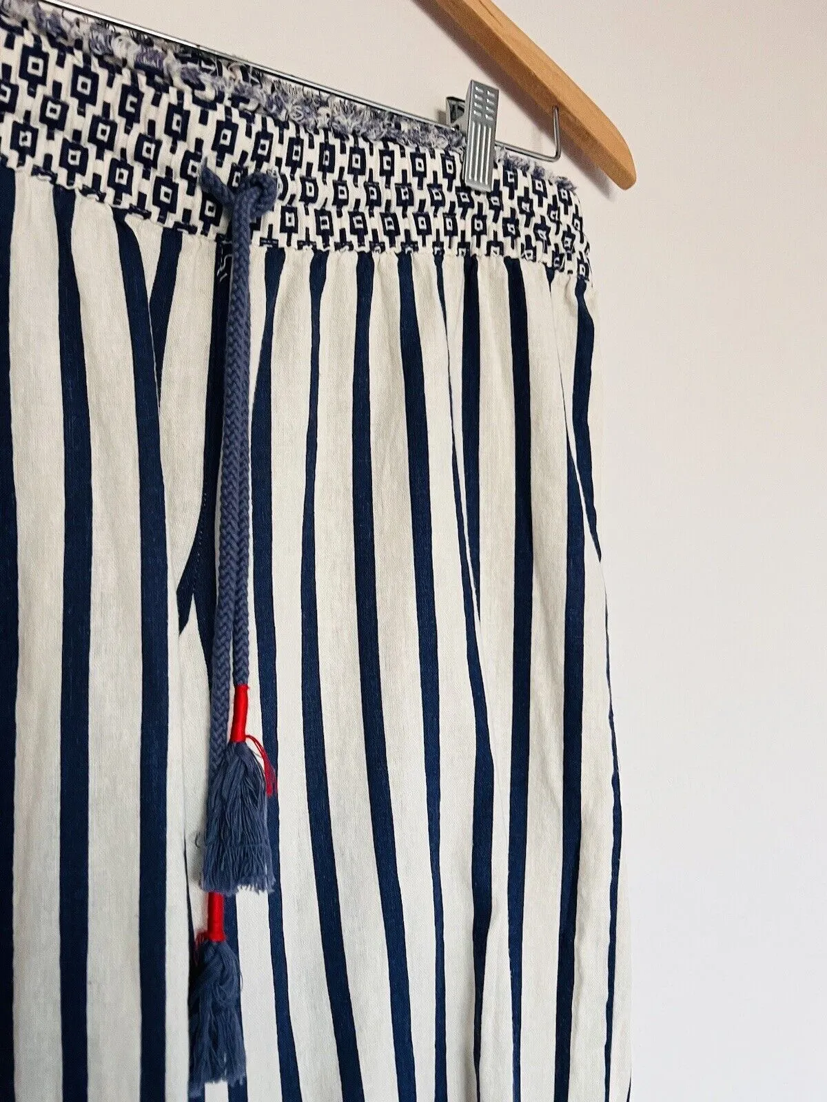 INDIGO REIN Capri Pull-up Pants Sz L Linen Wide Leg HiRise Hipster Striped Relax