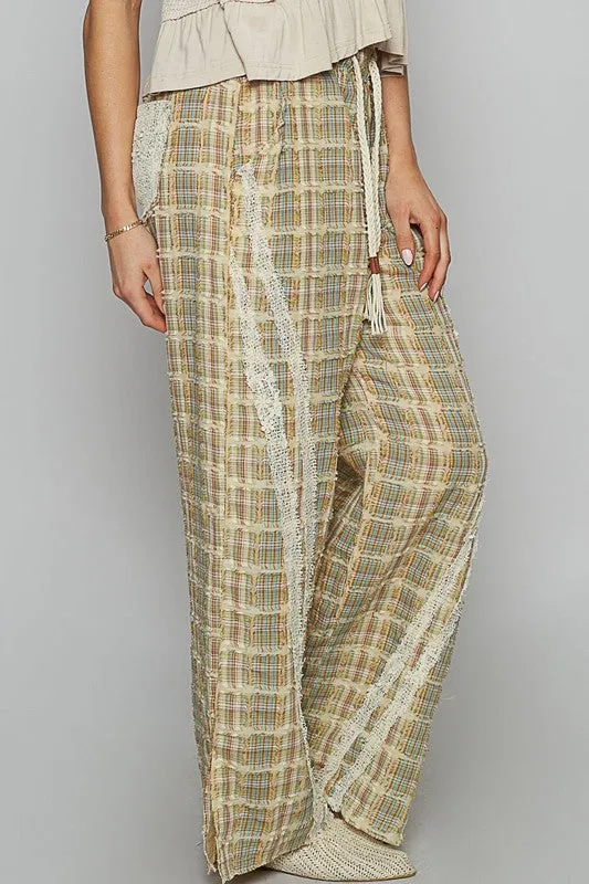 Lace Trim Drawstring Checkered Wide Leg Pants