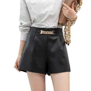 Lady Fashion Leather Shorts Chain Solid High Waist Leather Sheepskin Wide Leg Pants 2022 New SY3993