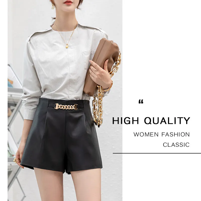 Lady Fashion Leather Shorts Chain Solid High Waist Leather Sheepskin Wide Leg Pants 2022 New SY3993