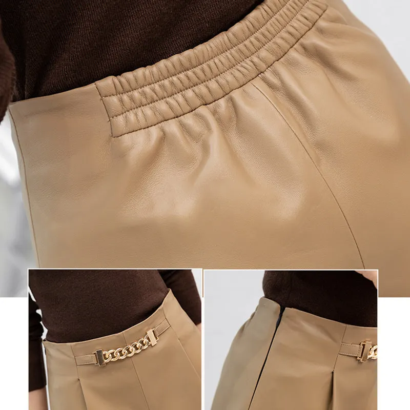 Lady Fashion Leather Shorts Chain Solid High Waist Leather Sheepskin Wide Leg Pants 2022 New SY3993