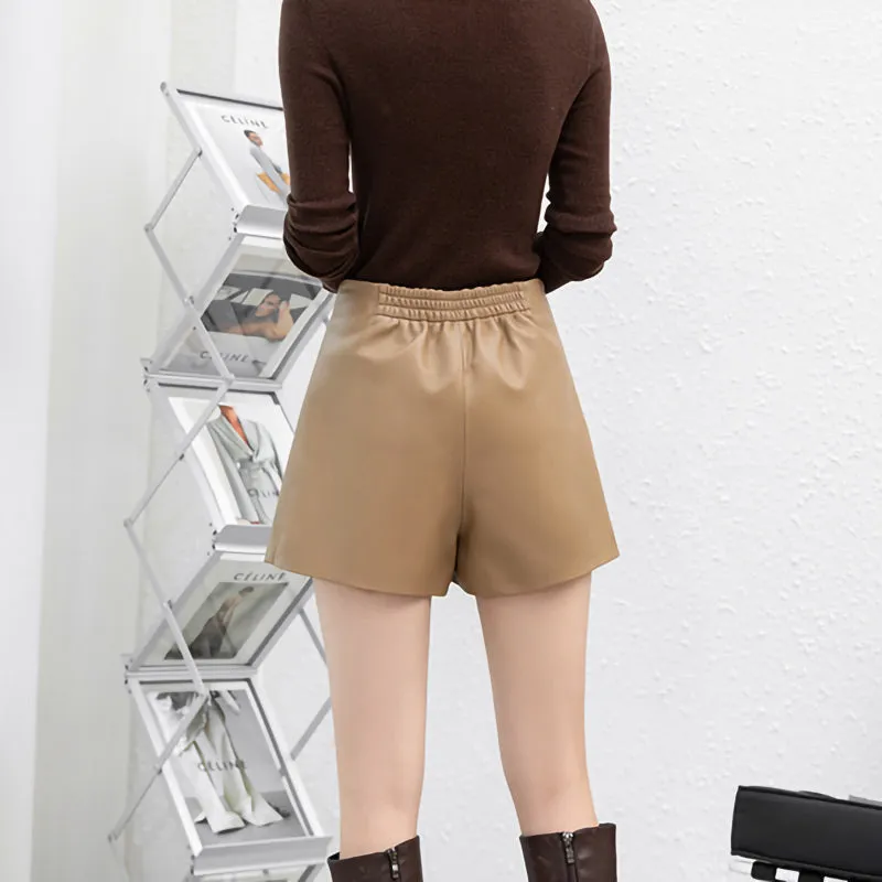 Lady Fashion Leather Shorts Chain Solid High Waist Leather Sheepskin Wide Leg Pants 2022 New SY3993