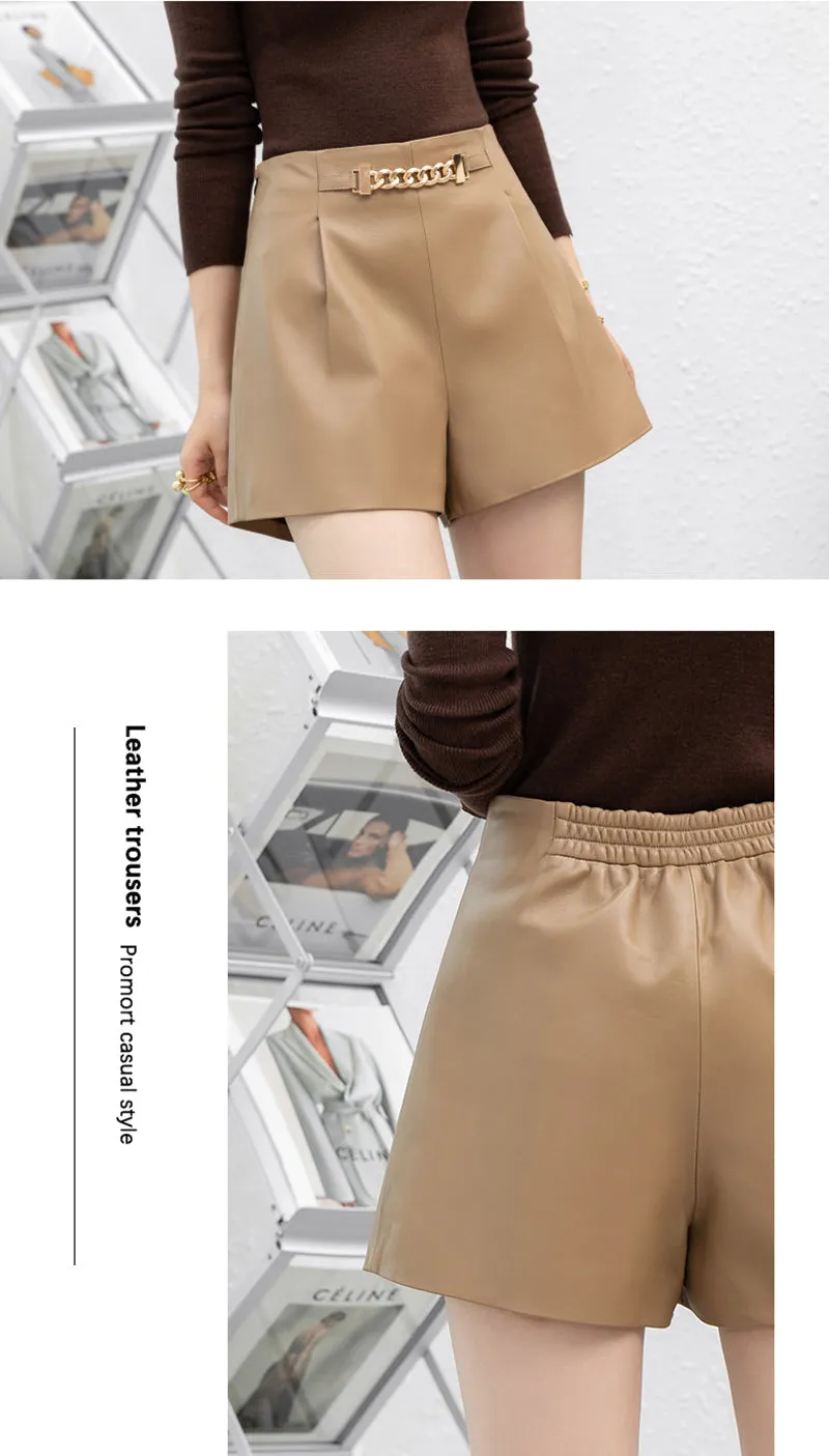 Lady Fashion Leather Shorts Chain Solid High Waist Leather Sheepskin Wide Leg Pants 2022 New SY3993