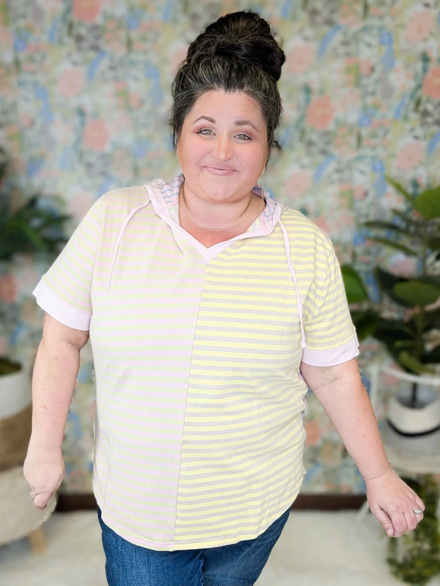 Lauren Short Sleeve Hooded Top in Spring Stripes
