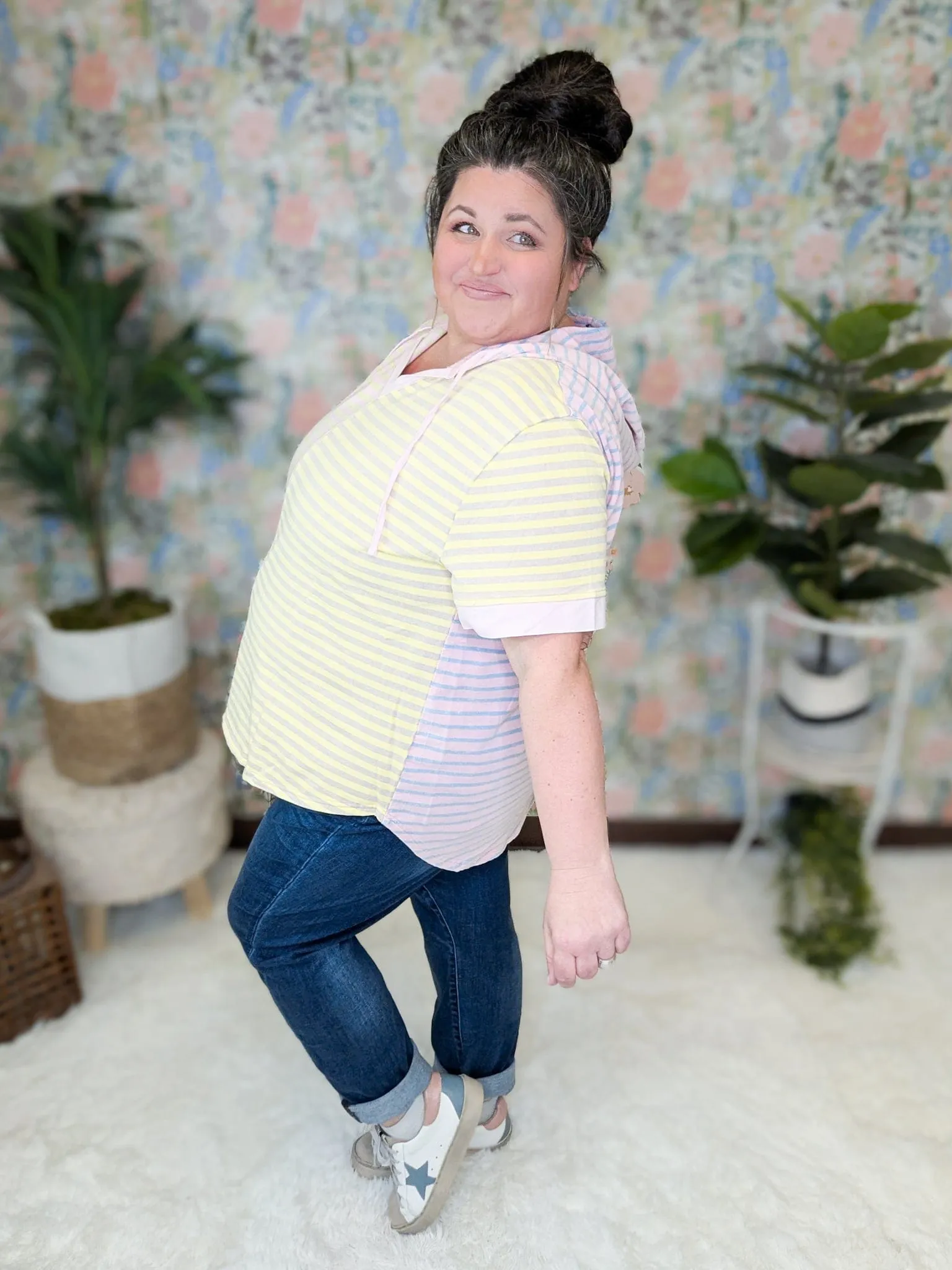 Lauren Short Sleeve Hooded Top in Spring Stripes
