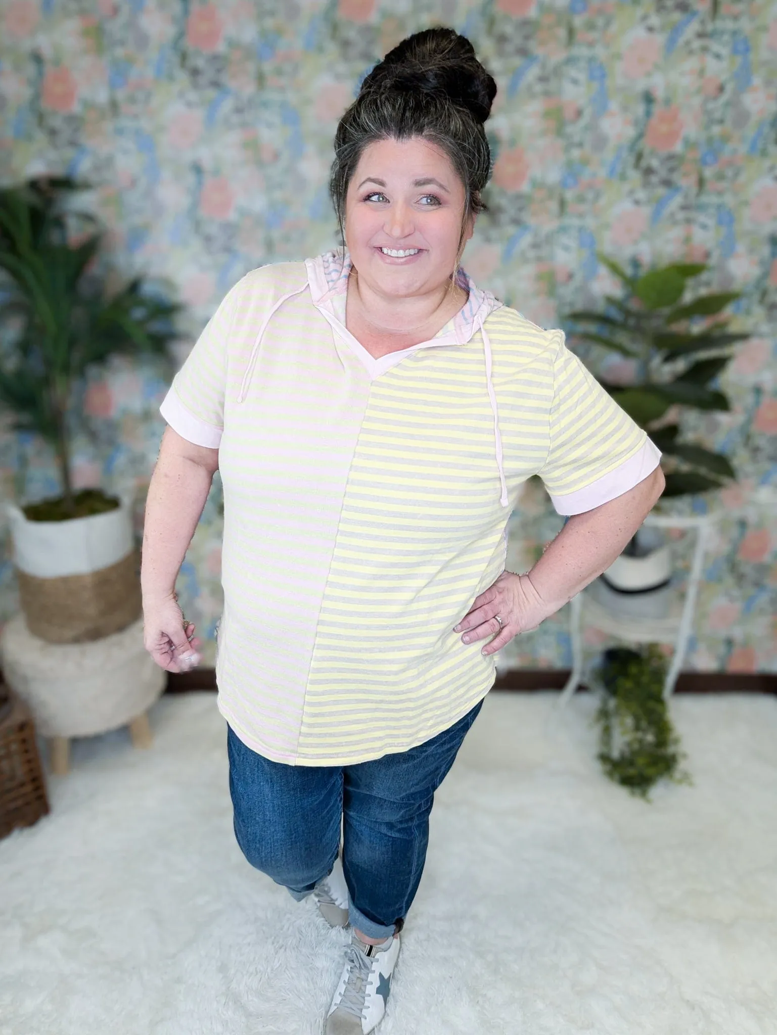 Lauren Short Sleeve Hooded Top in Spring Stripes