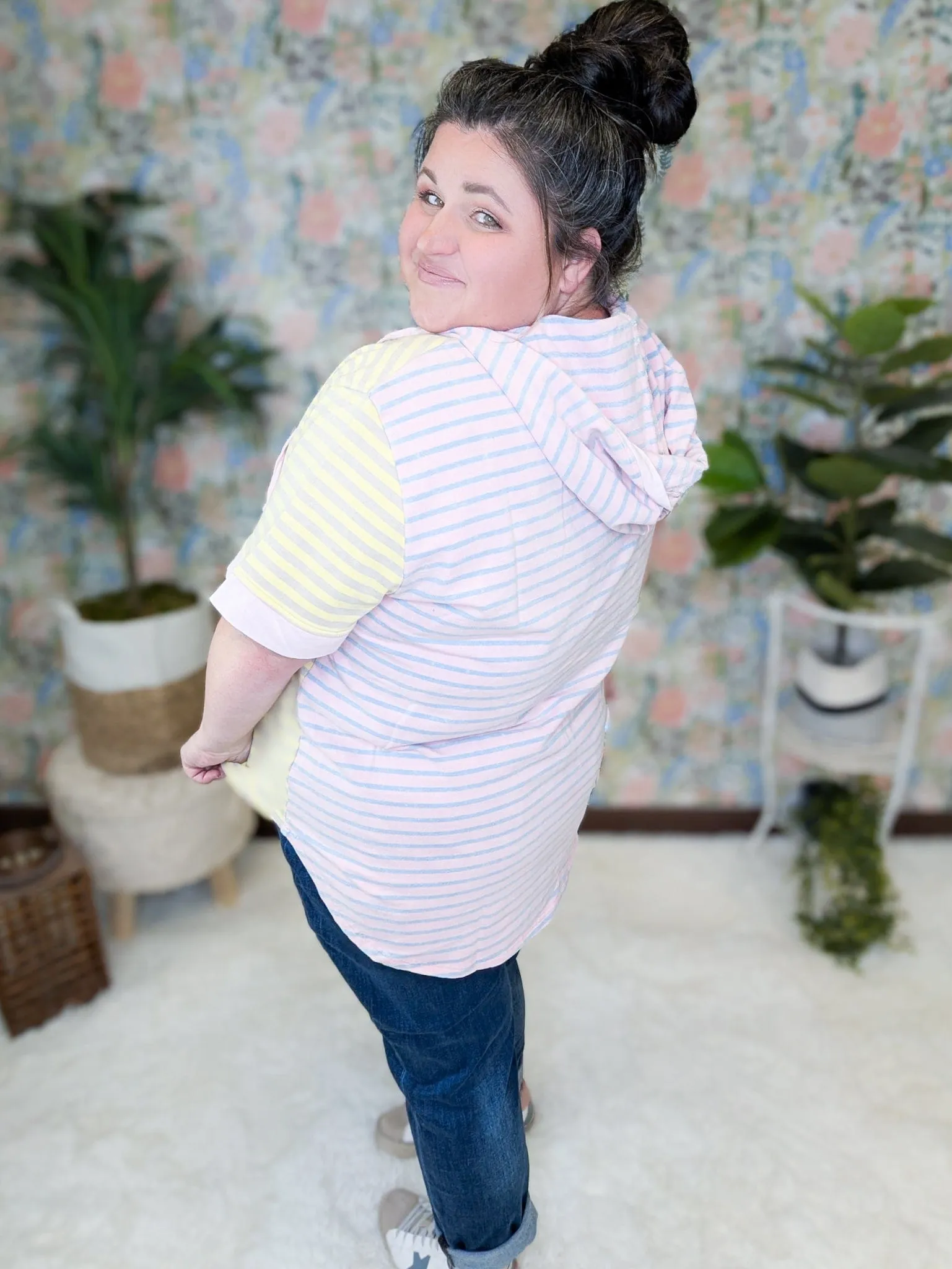 Lauren Short Sleeve Hooded Top in Spring Stripes