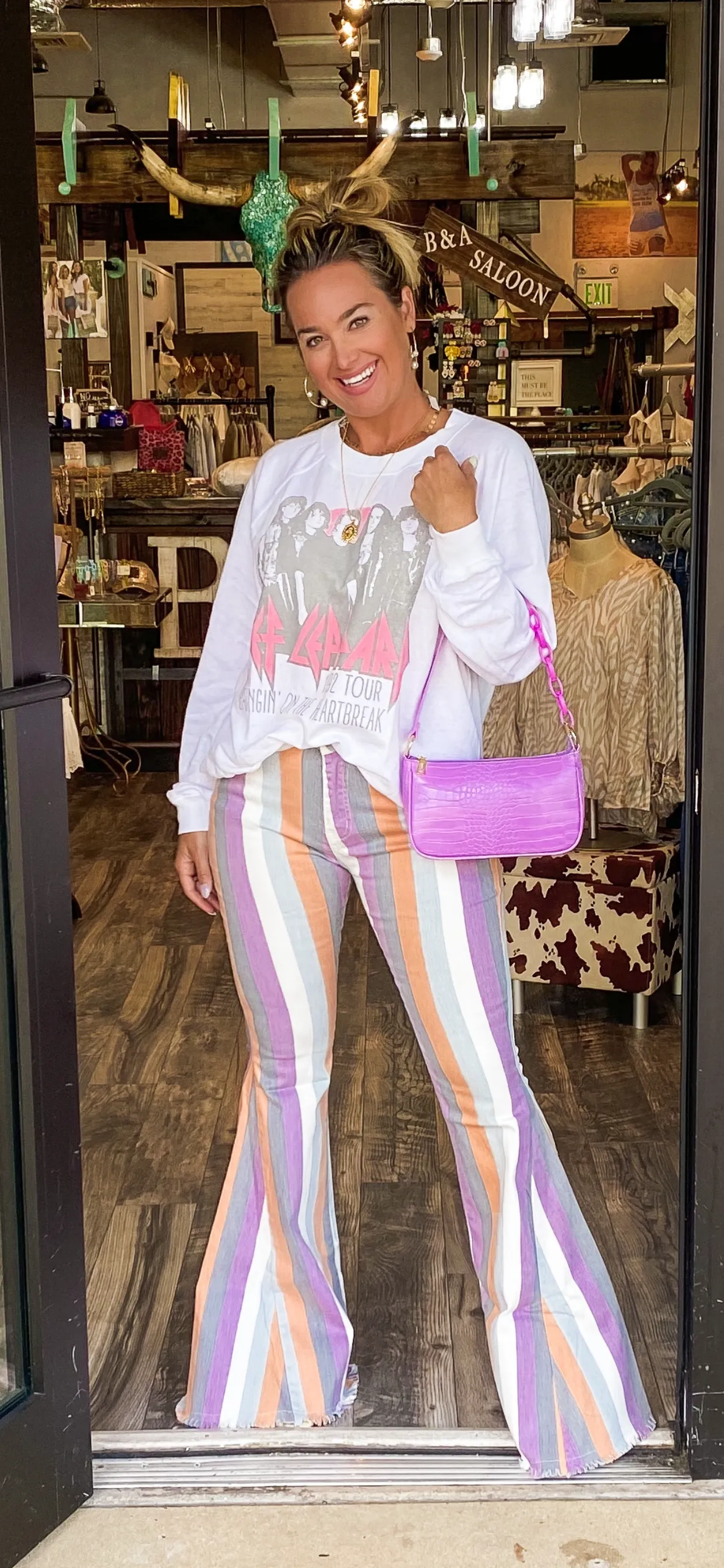 Lavender Striped Flare Bottom Jeans