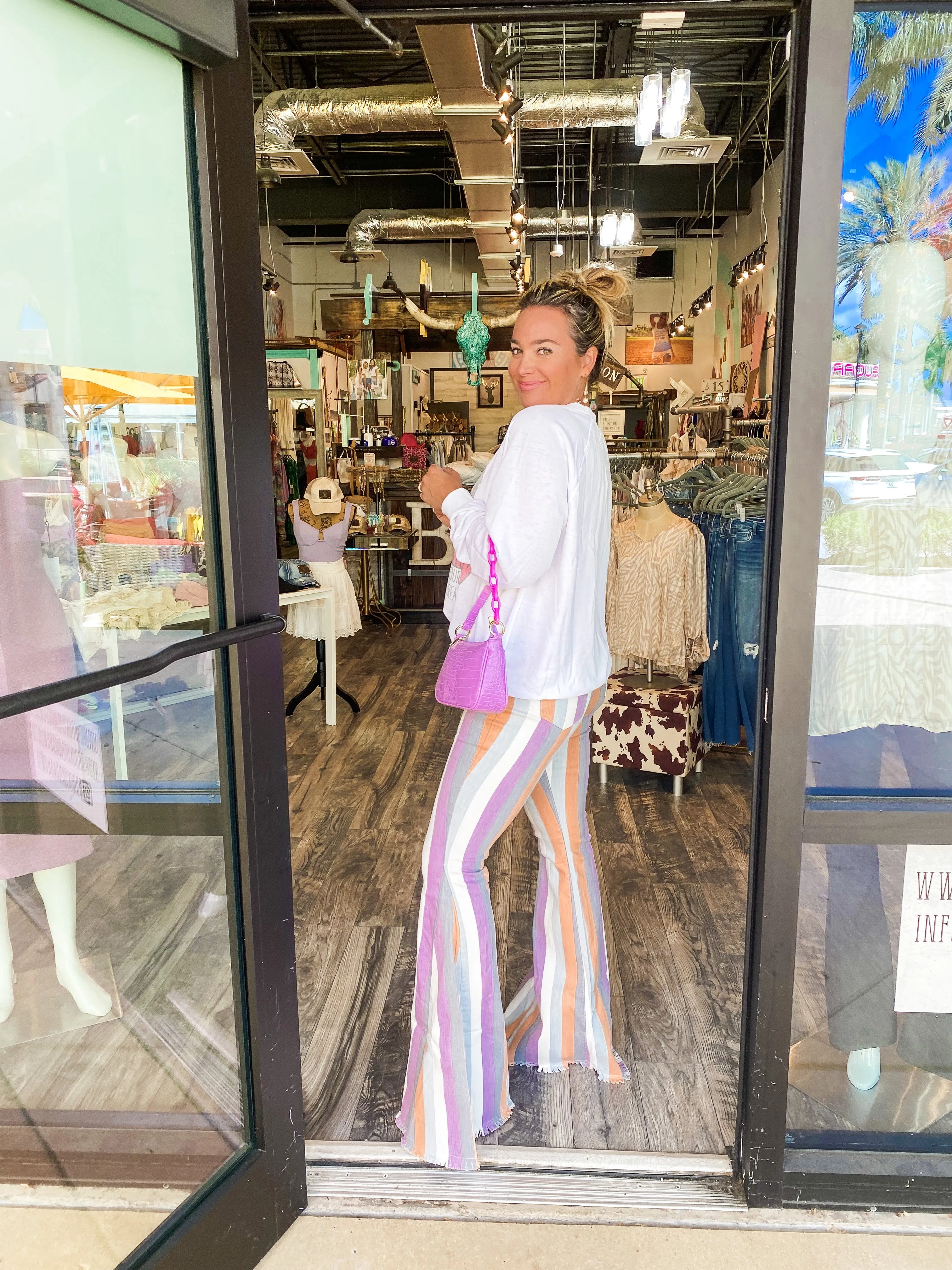 Lavender Striped Flare Bottom Jeans