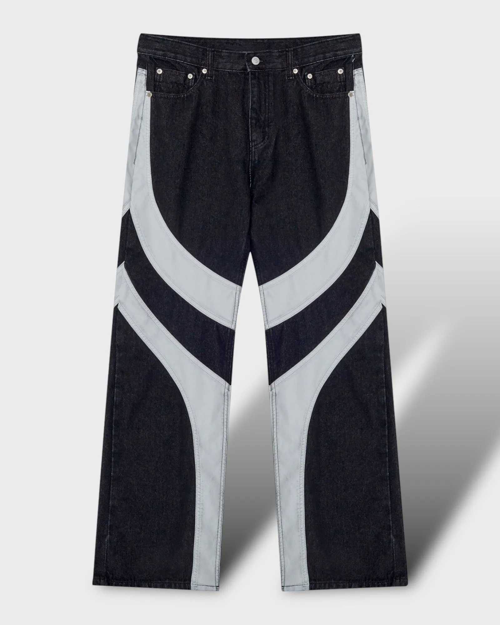 Leather Wave Panel Wide Denim Pants