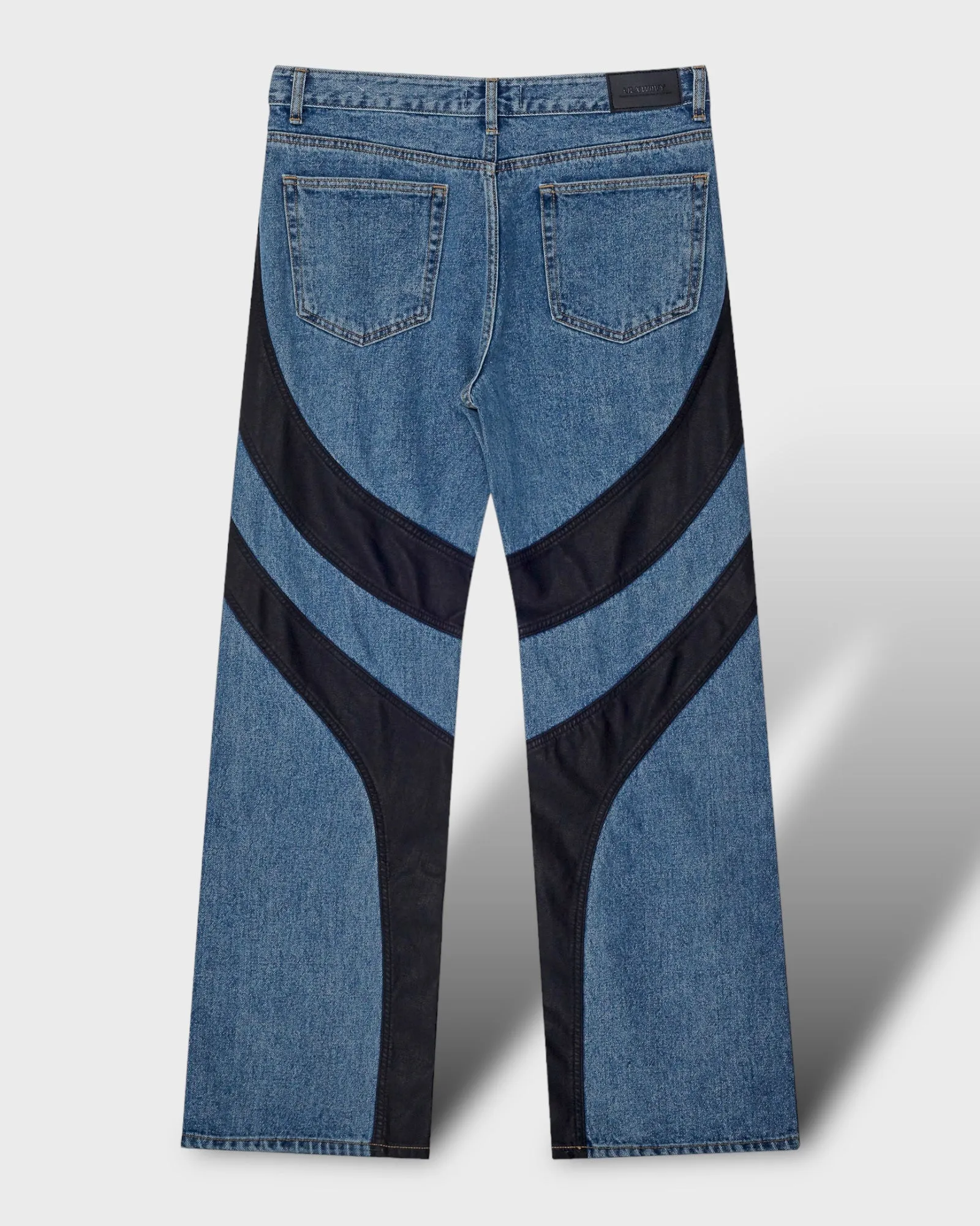 Leather Wave Panel Wide Denim Pants