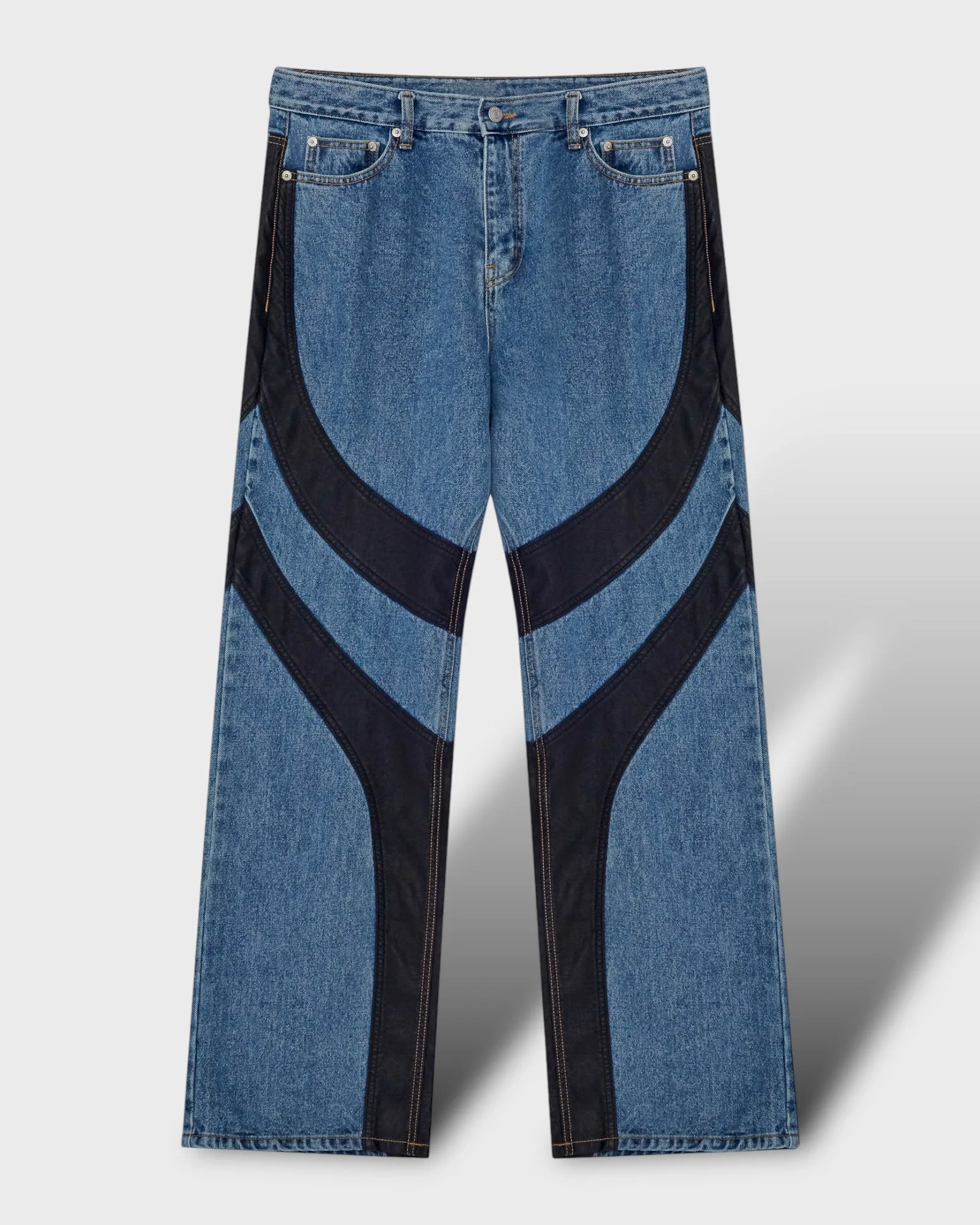 Leather Wave Panel Wide Denim Pants
