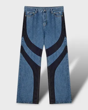 Leather Wave Panel Wide Denim Pants