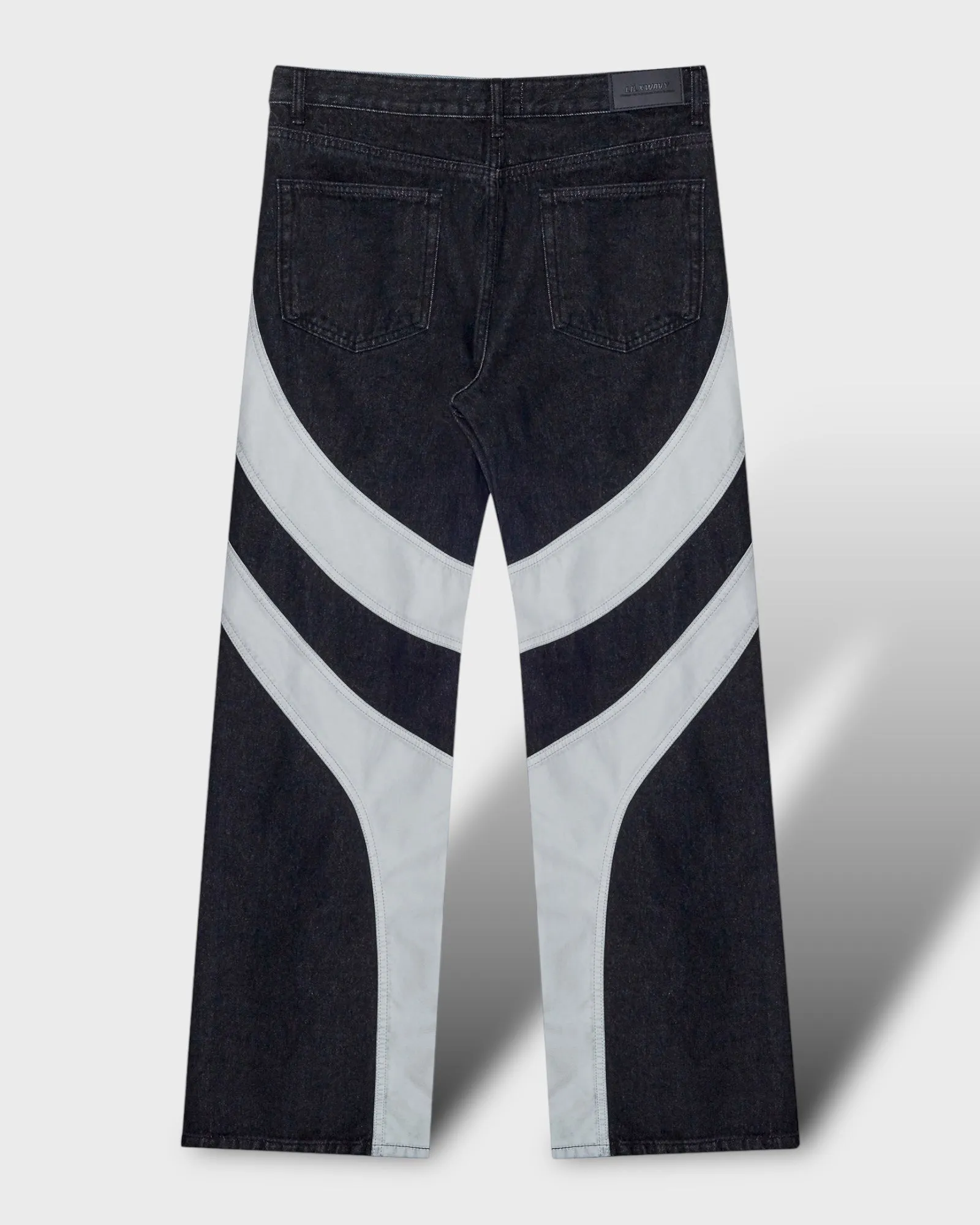 Leather Wave Panel Wide Denim Pants