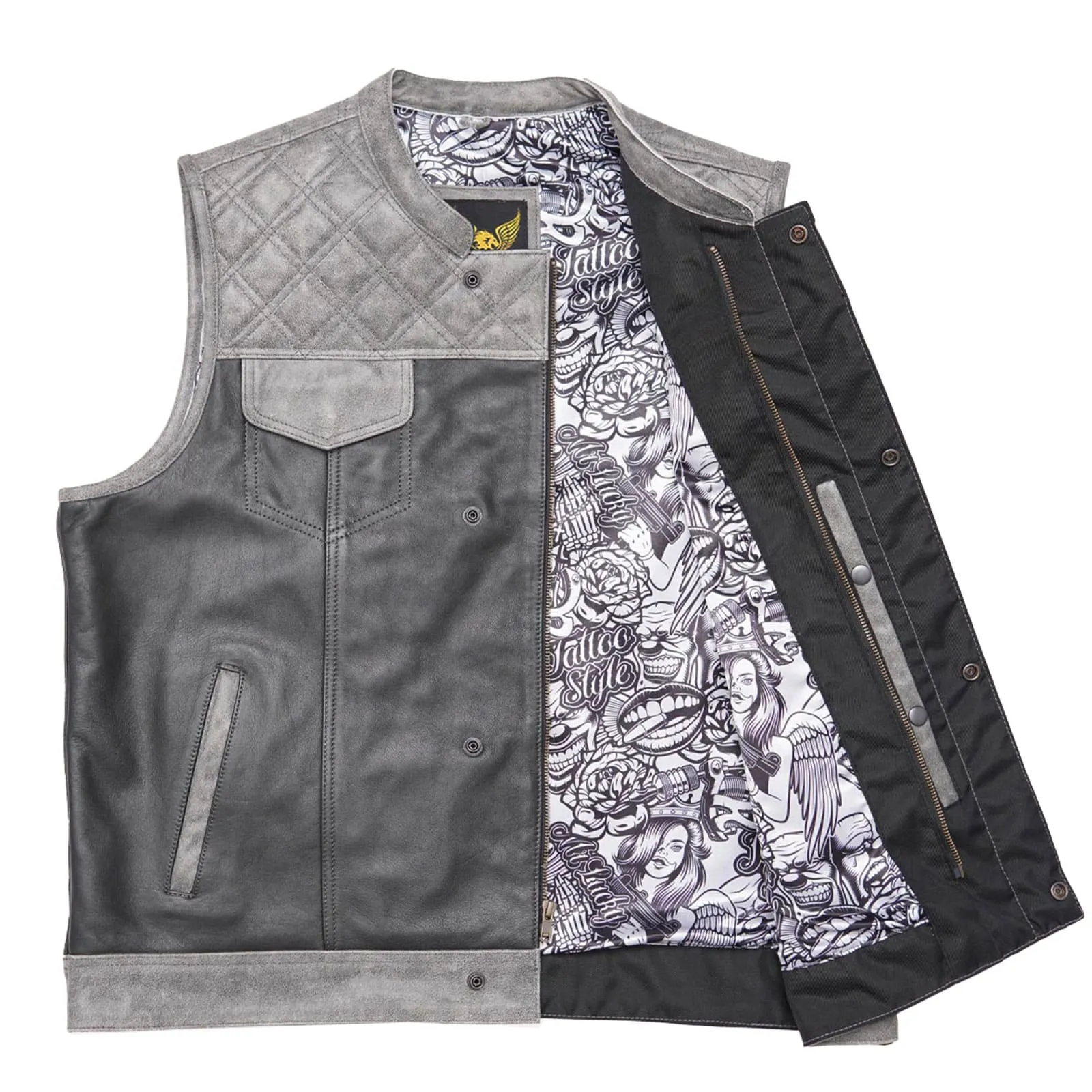 Leatherick Black and Gray Diamond Stitch Custom Biker Vest