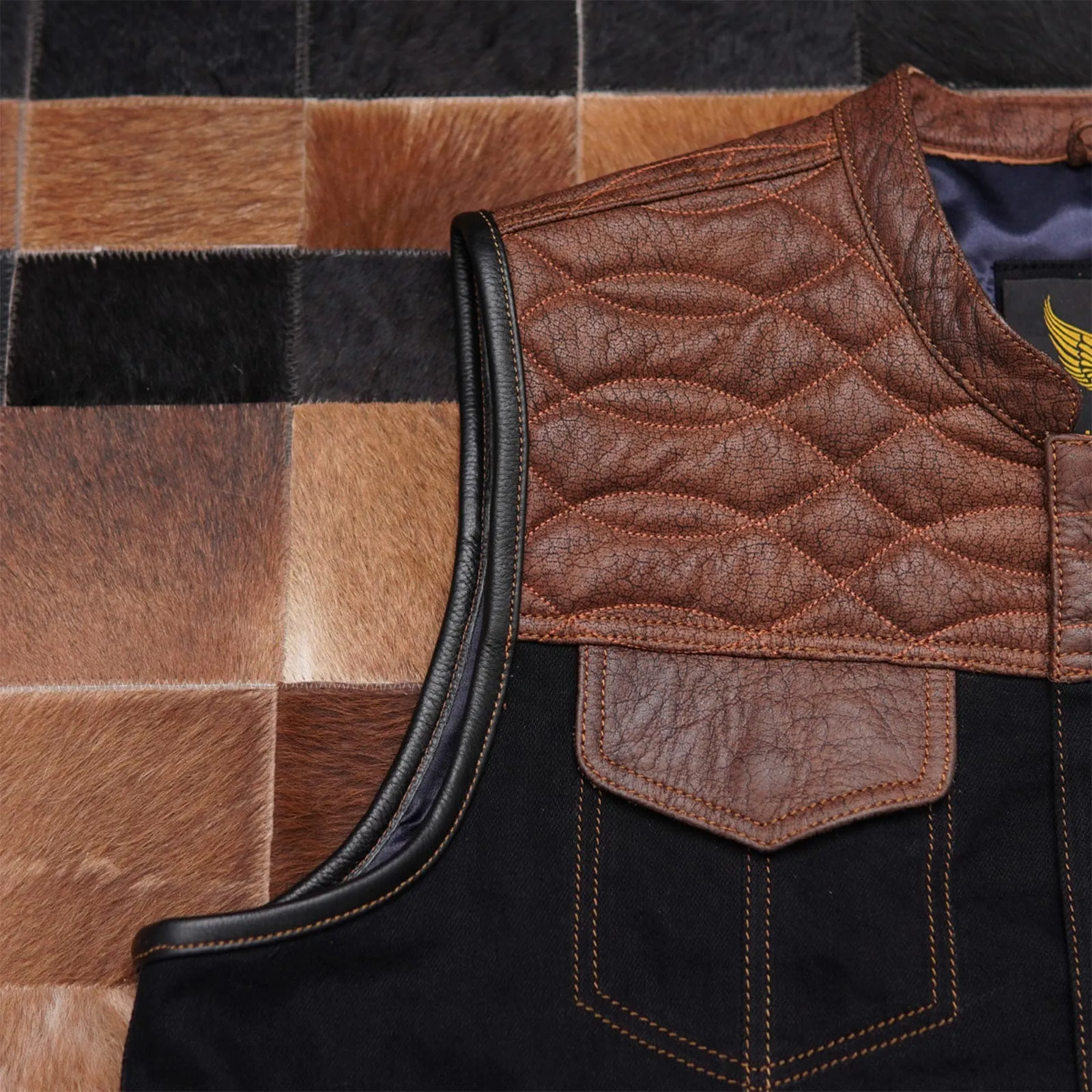 Leatherick Custom Cognac Stitching Black Denim Vest