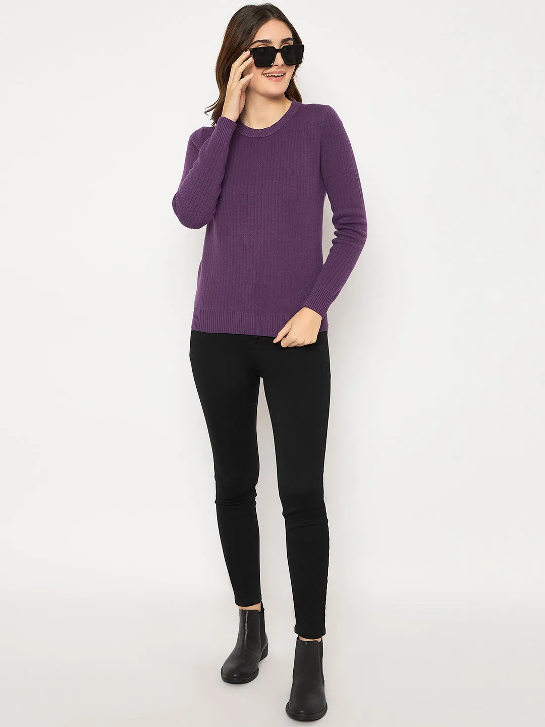 Madame Ribbed Cuffs Round Neck Purple Sweater