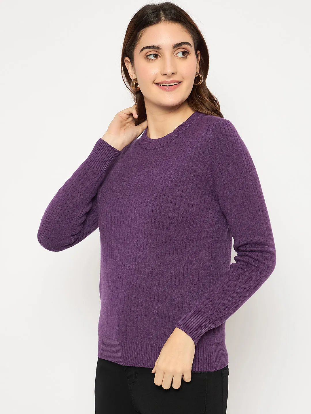 Madame Ribbed Cuffs Round Neck Purple Sweater