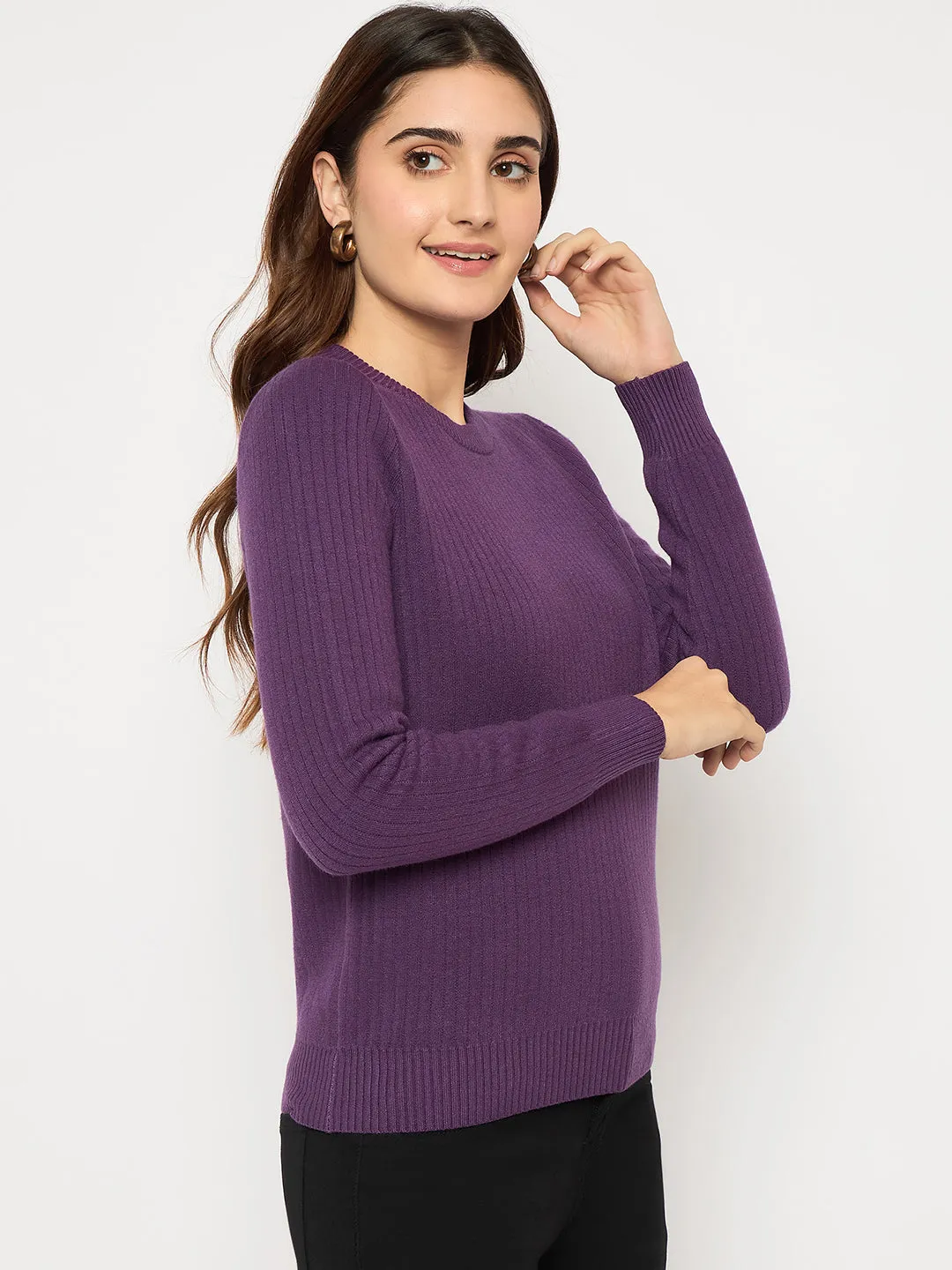 Madame Ribbed Cuffs Round Neck Purple Sweater