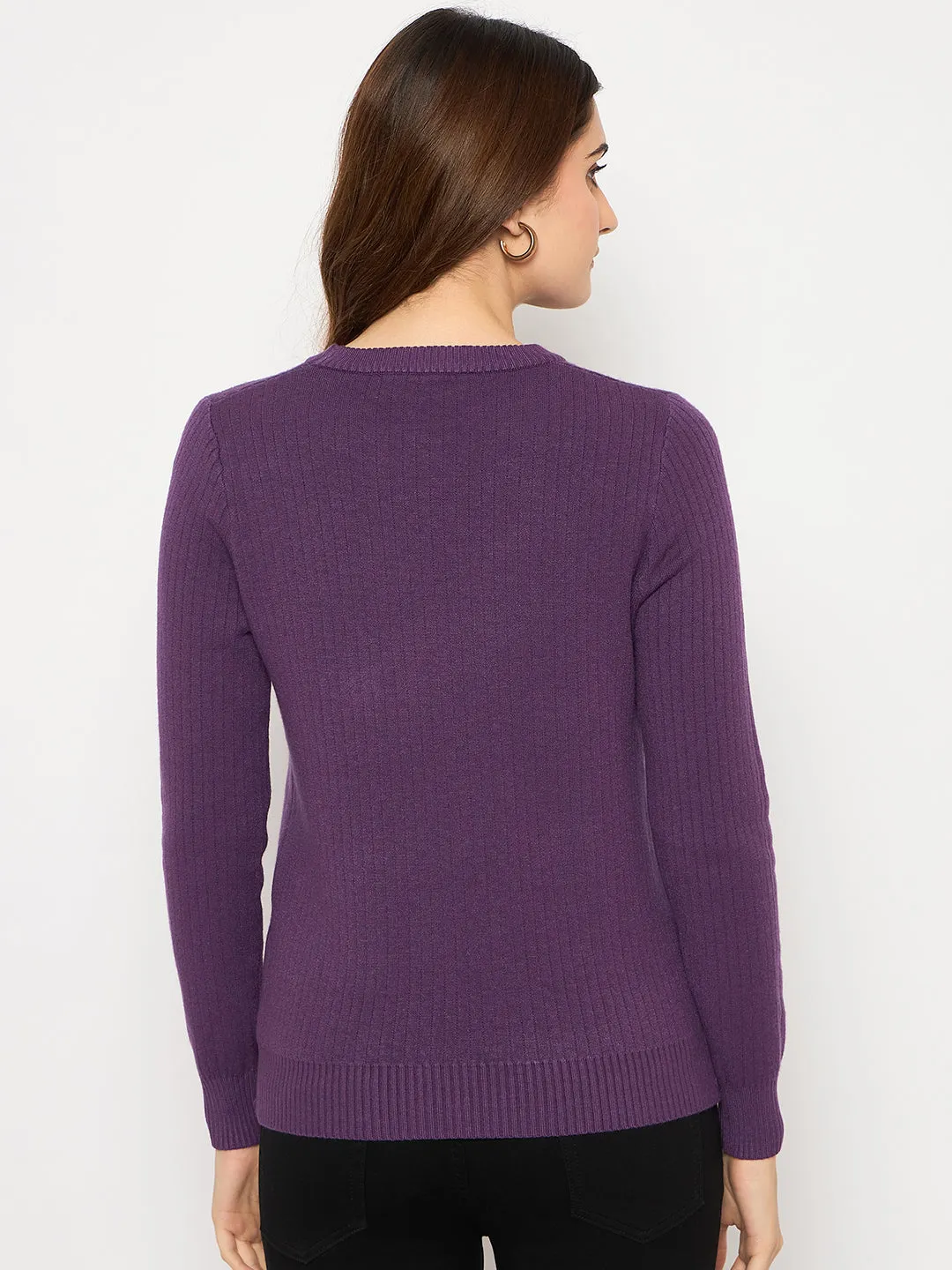 Madame Ribbed Cuffs Round Neck Purple Sweater