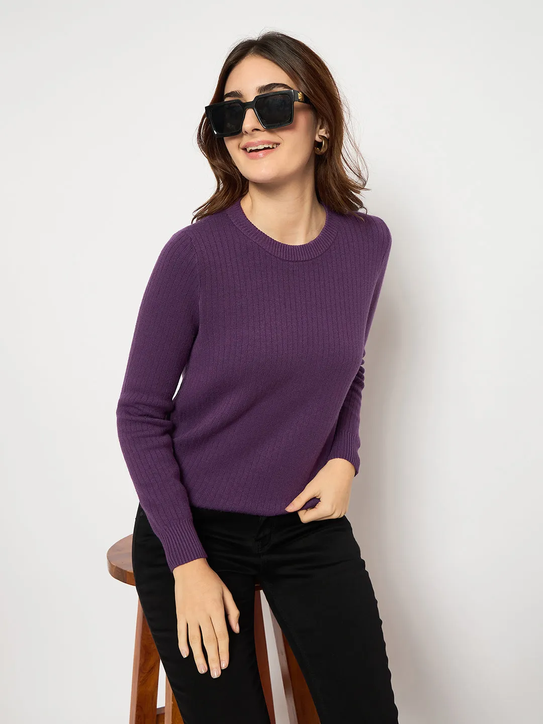 Madame Ribbed Cuffs Round Neck Purple Sweater