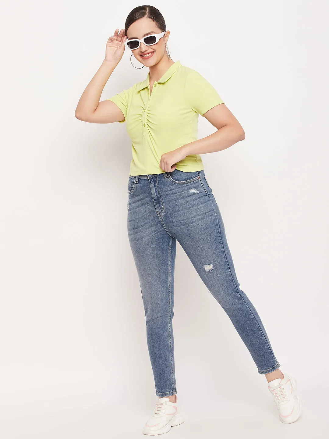 Madame Solid Green Cotton Collared Tshirt