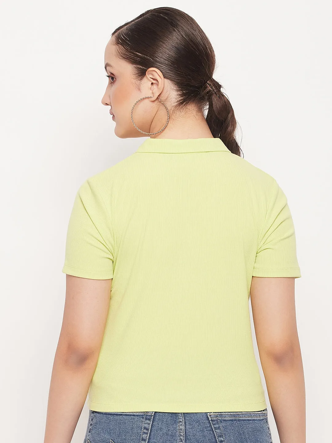 Madame Solid Green Cotton Collared Tshirt