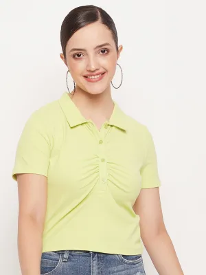 Madame Solid Green Cotton Collared Tshirt