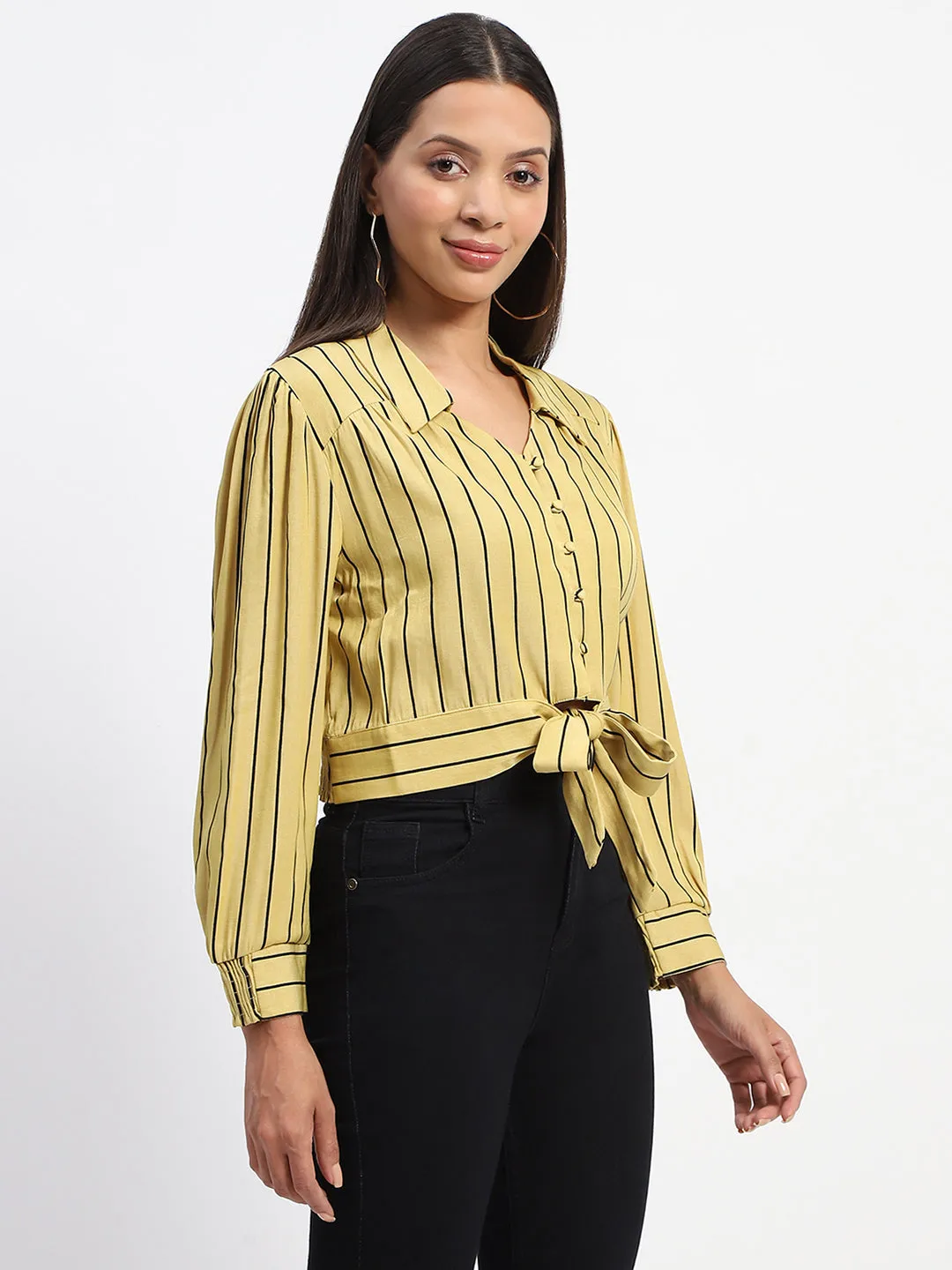 Madame Striped Tie Waist Yellow Shirt