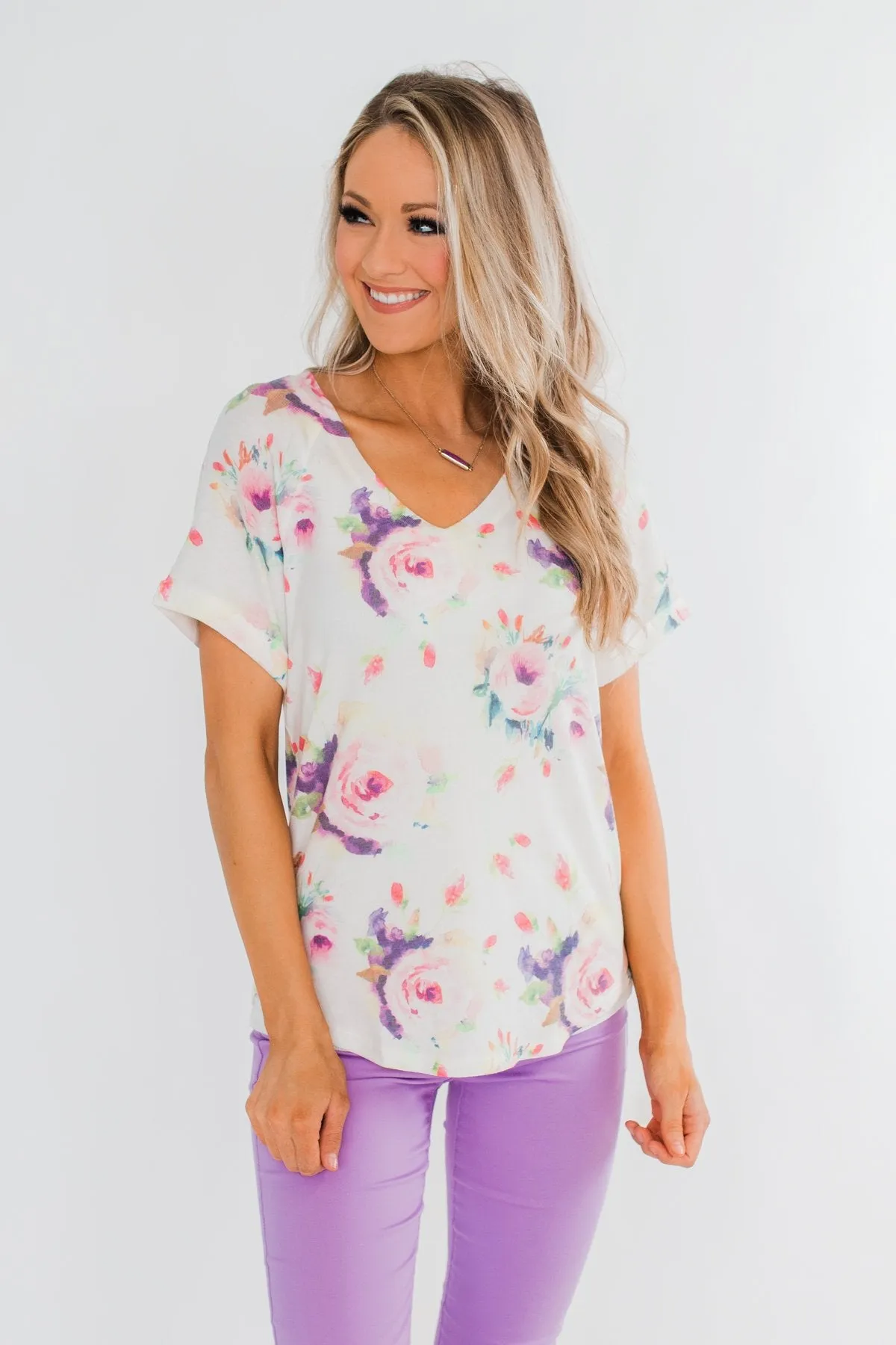 Make It Special Floral V-Neck Top- White