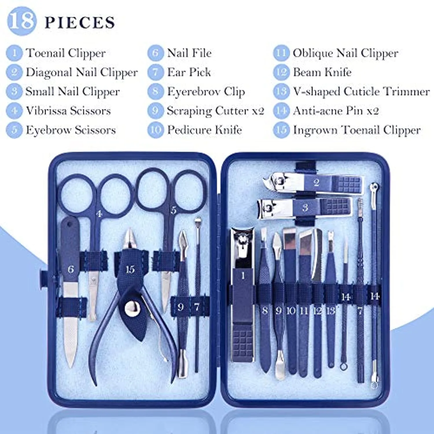 Manicure Set Professional pedicure manicure kit FUNNHAOO Stainless steel Nail clippers Grooming Kit With lightweight and beautiful Travel Case (18in1 Blue)