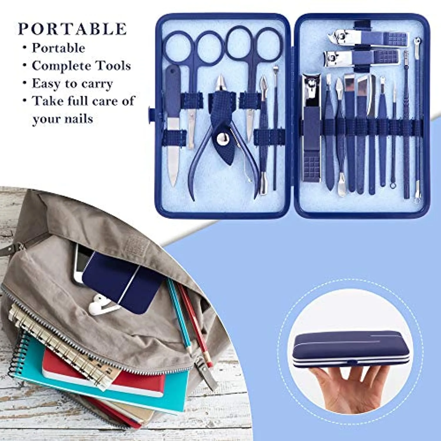 Manicure Set Professional pedicure manicure kit FUNNHAOO Stainless steel Nail clippers Grooming Kit With lightweight and beautiful Travel Case (18in1 Blue)