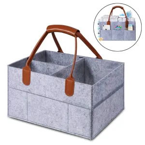 MANLEHOM Baby Diaper Caddy Organizer, Removable Dividers Nursery Storage Bin, Felt Collapsible Portable Basket Bag with PU Leather Handle, Good for Closet Bedroom Bathroom Car Travel in Grey