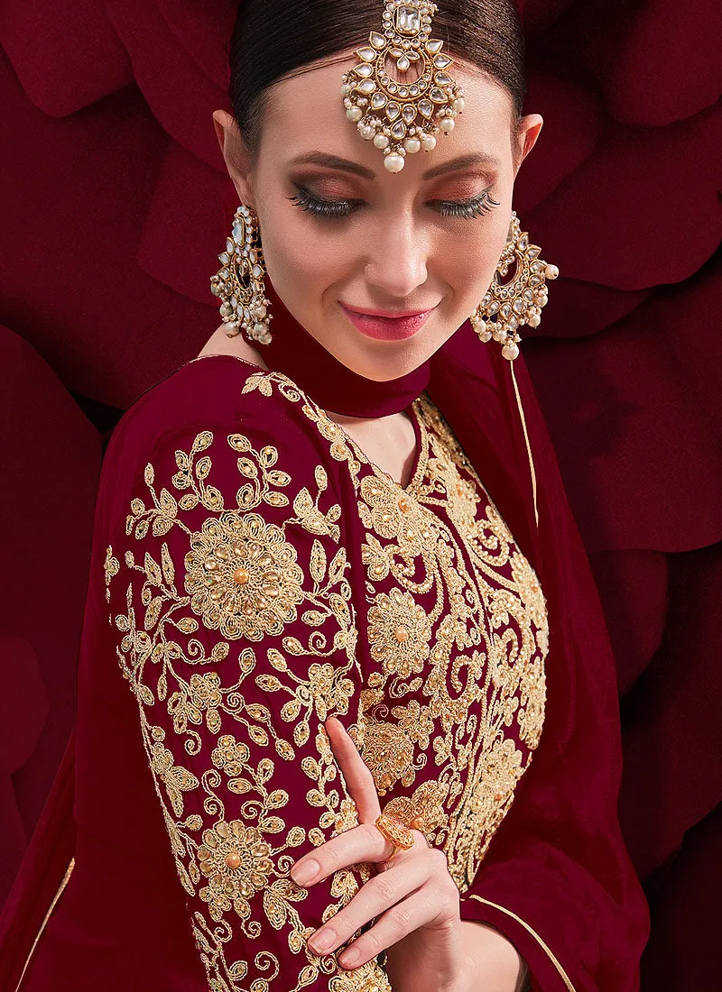 Maroon Golden Embroidered Slit Style Anarkali Pant Suit