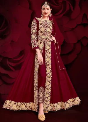 Maroon Golden Embroidered Slit Style Anarkali Pant Suit