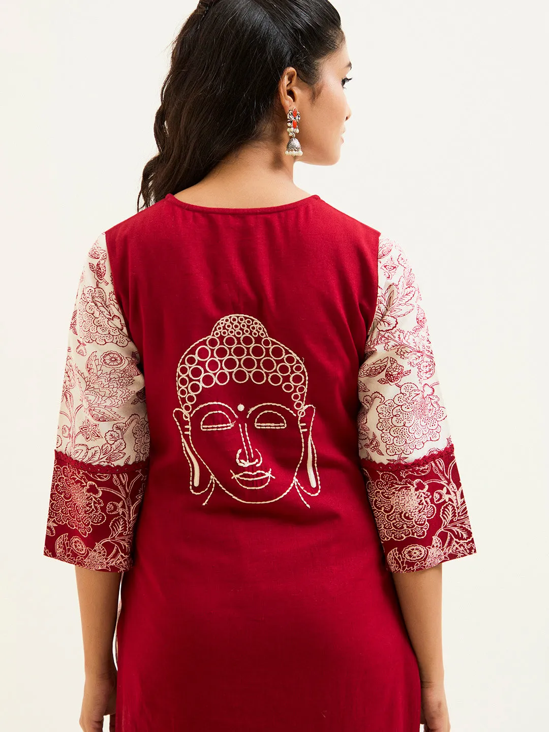Maroon Handblock Printed Buddha Embroidered Kurta Set
