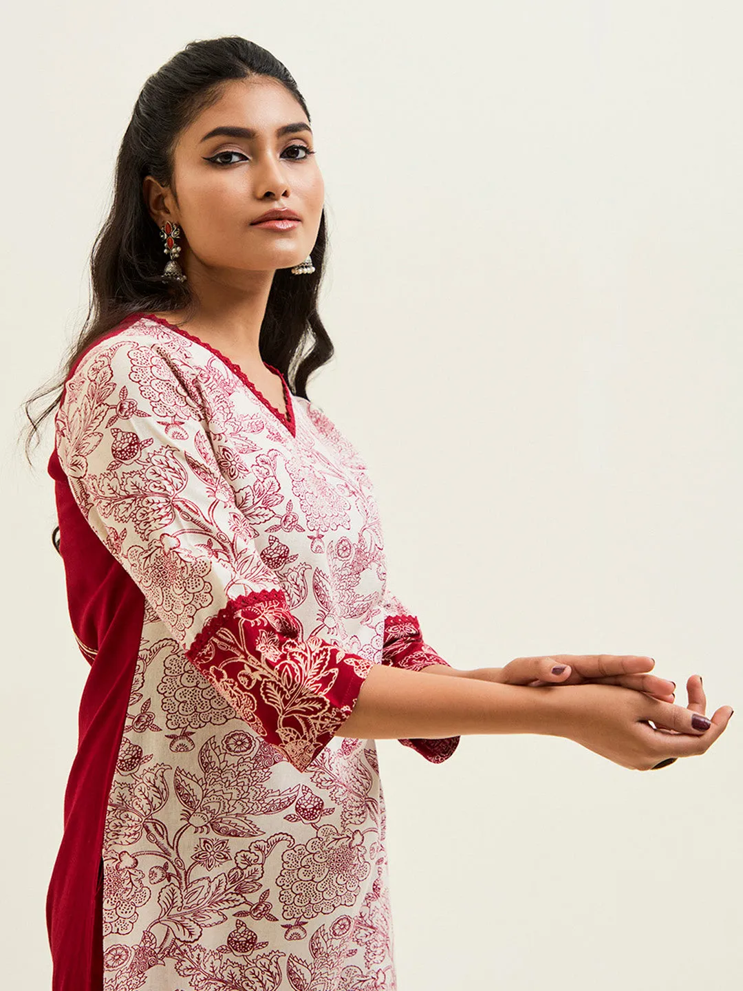 Maroon Handblock Printed Buddha Embroidered Kurta Set
