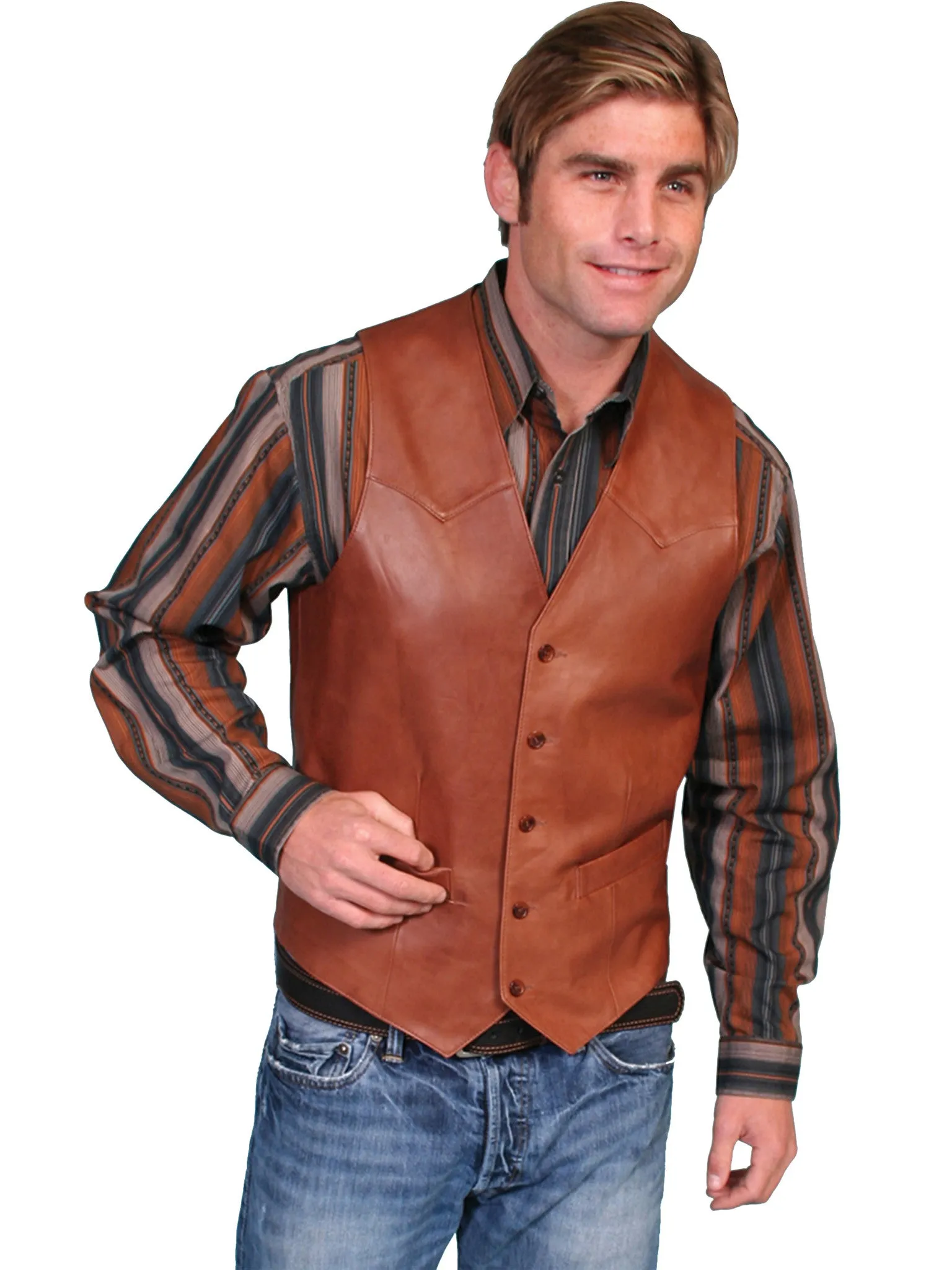 Men's Leather Vest Collection: Scully Western Lambskin, Button Front, Antique Brown