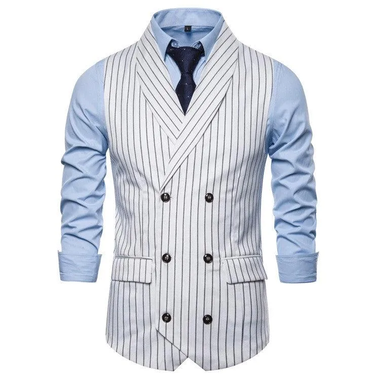 Mens Waistcoat Stripe Plaid Formal Suit Vest Men Casual Double Breasted Sleeveless Gilet Male Business Formal Dress Vest